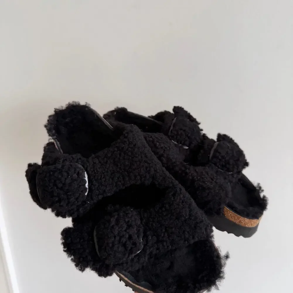 Birkenstock Papillio Arizona Big Buckle Shearling Slide Sandals Black 9 NWOT